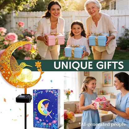 Solar Garden Decor Outdoor Statue, Moon Fairy Garden Figurines with Hummingbird Design for Mom Women Grandma Solar Stake Lights for Patio, Yard, Lawn, Pathway (Warm White)