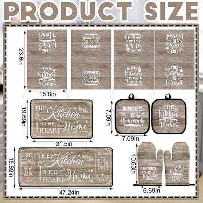 Fourluoo 10 Pcs Farmhouse Kitchen Decor and Accessories Set 4 Kitchen Towels 2 Pot Holders 2 Oven Mitts 2 Rugs for Cooking Baking Mom Housewarming Gifts(Brown,Classic Style)