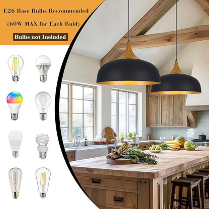 Black Farmhouse Dome Pendant Light 17.7" Large Vintage Pendant Light Fixture Hanging Wooden Pendant Lighting for Kitchen Island Dining Room Living Room Foyer Hallway