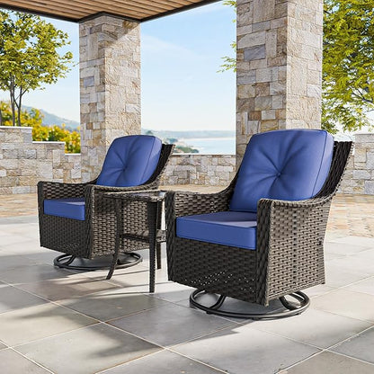 COOS BAY Stone Harbor Patio Bistro Set, 3 Piece Rattan Patio Table and Chairs Set, Wicker Swivel Rockers with Side Table, Small Balcony Furniture Set, Brown/Blue