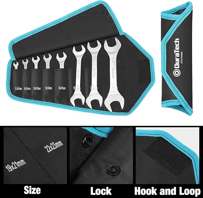 DURATECH Super-Thin Open End Wrench Set, Metric, 8-Piece, Including 5.5, 7, 8, 9, 10, 11, 12, 13, 14, 17, 19, 21, 22, 23, 24, 27 mm, Slim Spanner Set with Rolling Pouch