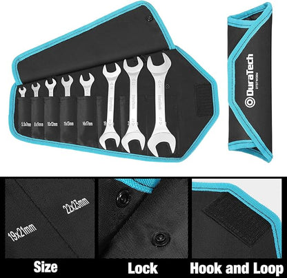DURATECH Super-Thin Open End Wrench Set, Metric, 8-Piece, Including 5.5, 7, 8, 9, 10, 11, 12, 13, 14, 17, 19, 21, 22, 23, 24, 27 mm, Slim Spanner Set with Rolling Pouch