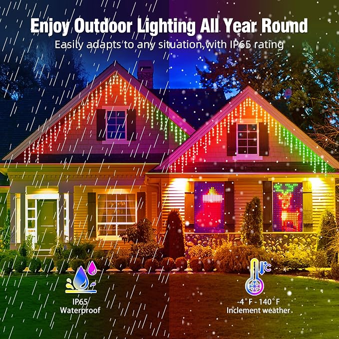AHAWILL Icicle Lights for Outside,33ft Christmas Lights Outdoor with Dimmable 255LED,IP65 Waterproof,USB Plug in Curtain String Lights with DIY Scene Modes for Party,Roof,Halloween Decor(Multicolor)