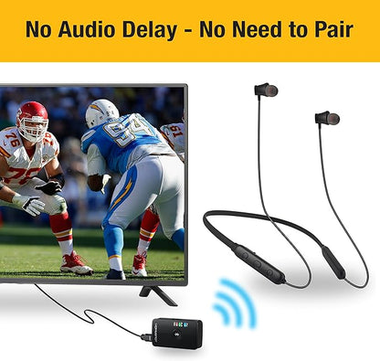 HomeSpot Wireless Neckband Headphones for TV Watching with Bluetooth 5.3 aptX LL Transmitter No Delay Lightweight High Volume Ideal for Seniors 3.5mm Aux RCA TOSLINK Optical