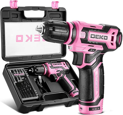 Cordless Drill：DEKOPRO 12V Power Drill Set with Pink 800RPM Electric Drills with Tool Set Gift Box, Pink Drill Set for Women
