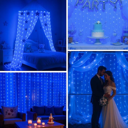DomeStar 300 LED Fairy Curtain Lights, 9.8ft x 9.8ft Waterproof String Hanging Lights with 8 Modes Remote, Plug‑in Design for Bedroom Patio Garden Party Wedding Wall Ambient Decor (Blue)