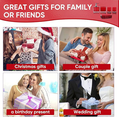 5-Piece Bold Red Acrylic Bathroom Accessories Set — Soap Dispenser, Toothbrush Holder, Soap Dish & 2 Mouthwash Cups, His and Hers Countertop Organizer for Red Bathroom Decor