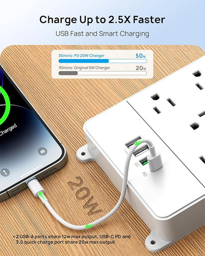 TROND Surge Protector Power Strip 15 ft, Flat Plug Extension Cord, 13 Wide Spaced Outlets, 4000 Joules, 32W Quick Charge 3.0 & USB C, Wall Mount, Under Desk, Heavy Duty, Mountable, ETL Listed, White