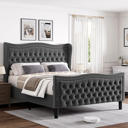 Full Bed Frame with Tall Headboard & Footboard, Velvet Upholstered Platform Bed Frame with Deep Button Tufted Wingback, No Box Spring Needed, Noise Free, Grey