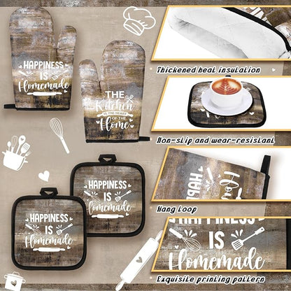 Fourluoo 10 Pcs Farmhouse Kitchen Decor and Accessories Set 4 Kitchen Towels 2 Pot Holders 2 Oven Mitts 2 Rugs for Cooking Baking Mom Housewarming Gifts(Brown Gray,Classic Style)