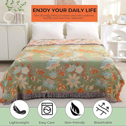 Boho Fall Throw Blanket for Bed，100% Ultra Cotton Soft Breathable Bed Throw Floral Printed Farmhouse Decor Rustic Bed Throws for Couch Sofa Quilt 60" x 80"-Orange& Sage Green
