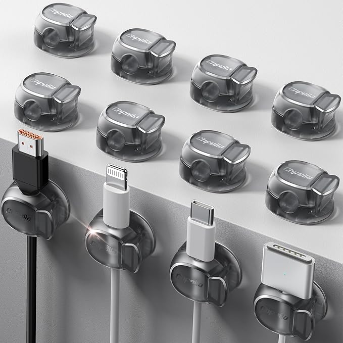 12Pack Cable Clips - Chfeila Latest Dual Spring Cord Organizer with Clasp Lock, [Max Stability] Desk Cable Management, Adhesive Phone Charging Wire Holder for Nightstand/Car/Wall, Office Accessory
