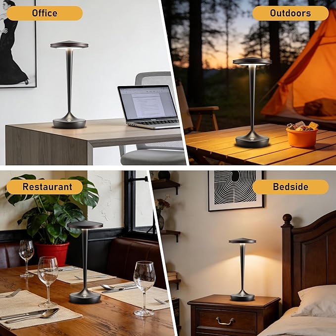 YHT CordlessTable Lamps Rechargeable, 6000mAh Battery Portable LED Touch Led Table Lamp, 3-Color Stepless Dimming & Memory Function, for Outdoor, Dinning, Patio, Restaurant, Kitchen (Black)