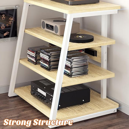 Besiost AV Media Stand with Outlets, Media Console with LED Lights, Stereo Racks and Stands with Storage Shelves, Media Audio Tower Cabinet, Natural Oak and White