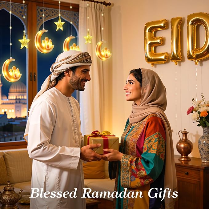 Lewondr Ramadan Curtain String Lights, 138 LED Moon Castle Star Fairy Lights with 6H Timer, 8 Modes, Remote Control, USB Powered Curtain String Light, Eid Mubarak Decorations for Ramadan Home, Orange