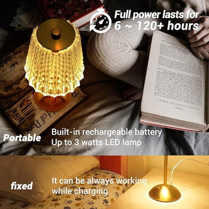 Cordless Table Lamp, Rechargeable Battery Operated Lamp, 3 Color Modes & Stepless Dimmable LED Touch Lamp, Portable Crystal Gold Metal Beside Lamps for Bedroom Living Room Restaurant Outdoor