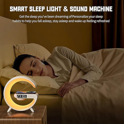 LED Table Lamp with Wireless Charger, G Shaped Night Light Lamp with Bluetooth Speaker, Sunrise Alarm Clock, Smart Mini Atmosphere Lamp for Bedroom, Office, Living Area (Black)