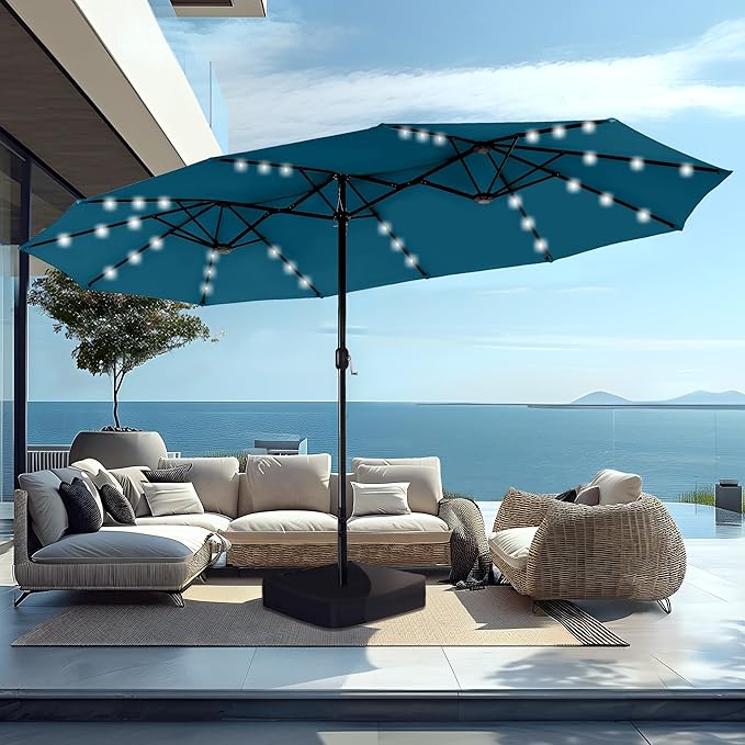 PHI VILLA 15ft Large Patio Umbrella with Solar Lights, Double-Sided Outdoor Market Rectangle Umbrellas with 36 LED Lights, Umbrella Base (Stand) Included, Cyan