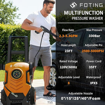 FOTING Pressure Washer with Adjustable Touch Screen 8 Level, 4 Quick Connect Nozzles,Inlet Hose&Filter&Foam Cannon for Cars/Fences/Driveways/Home Cleaning,Red