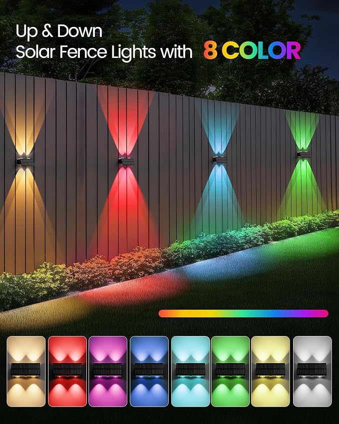 Bridika Solar Fence Lights Outdoor, 16 Pack Up and Down Wall Light, 8 Colors Lens LED Dusk to Dawn Solar Lights Outdoor Waterproof for Patio, Deck, Backyard, Garden Black