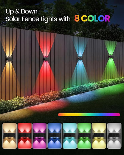 Bridika Solar Fence Lights Outdoor, 16 Pack Up and Down Wall Light, 8 Colors Lens LED Dusk to Dawn Solar Lights Outdoor Waterproof for Patio, Deck, Backyard, Garden Black