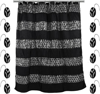 Zahari Home 13pc Sinatra Bathroom Shower Curtain Set Classic Shower Curtain & 12 Shower Curtain Hooks Luxury Fabric Shower Curtain Unique Design Bling Black Shower Curtain Set