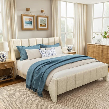 Brafab Queen Boucle Upholstered Bed Frame with Wingback Headboard, No Box Spring Needed, Easy Assembly, Platform Bed with Wooden Slats, Beige(Queen (U.S. Standard))