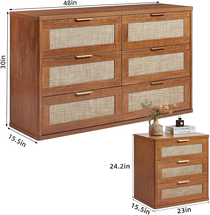 LEYAOYAO Rattan Dresser and Nightstand Sets 3 Piece, Boho Wood Dresser for Bedroom with 6 Drawers and Night Stand with 3 Drawer, Bedroom Furniture, Dressers & Chests of Drawers, Living Room, Hallway