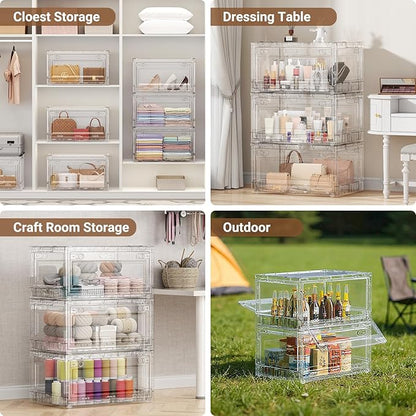 BROVIEW 80Qt Stackable Storage Bins with Lids Wheels, XL Clear Plastic Drawers Foldable Closet Organizers and Storage Cabinet Display Box Shelves with Front & Back Doors, for Home Office Garage,1Pack