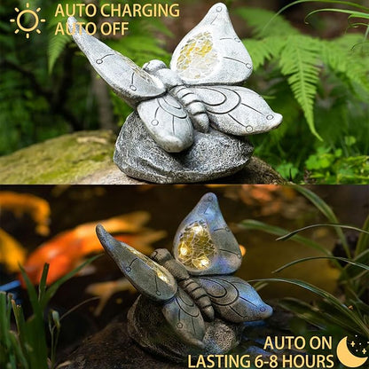 Garden Statue Butterfly,Solar Butterfly Decor for Outdoor,Resin Butterflies Figurine with Solar Light for Patio,Balcony,Yard,Lawn Ornament,Perfect Garden Gift