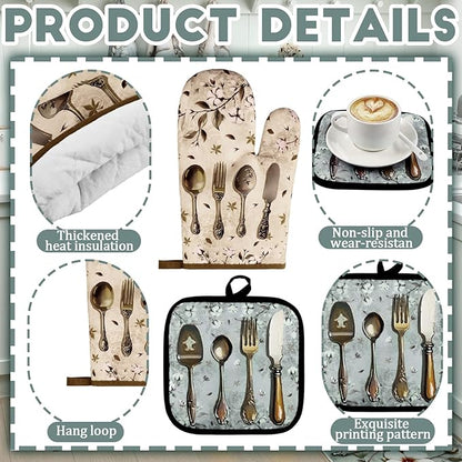 Fourluoo 10 Pcs Farmhouse Kitchen Decor and Accessories Set 4 Kitchen Towels 2 Pot Holders 2 Oven Mitts 2 Rugs for Cooking Baking Mom Housewarming Gifts(Soft Color,Elegant Style)