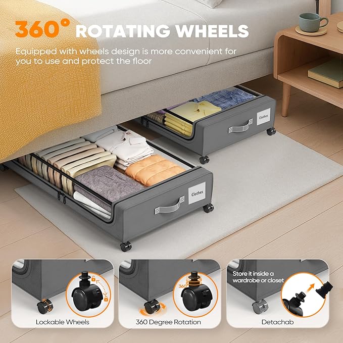 Camkey® Under Bed Storage with 360° Wheels, 2-Pack, 60L Low-Profile Rolling Underbed Bins for Clothes, Shoes, Toys & Books — Easy Pull-Out, Dust Protection, Space-Saving Organizer for Bedroom/Dorm