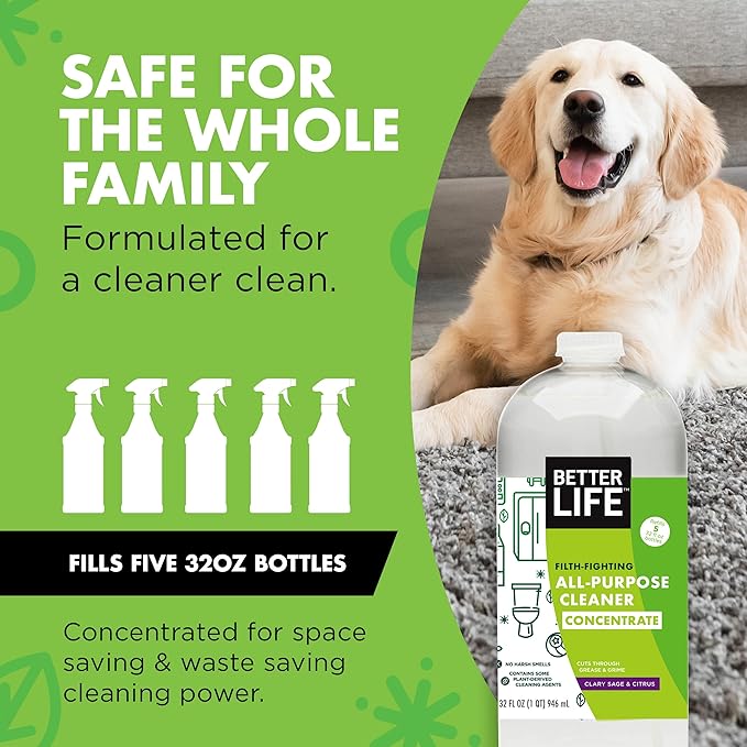 Better Life All Purpose Cleaner Concentrate- Multipurpose Home and Kitchen Cleaner for Glass, Countertops, Appliances, Upholstery & More - 32oz Clary Sage & Citrus Concentrate