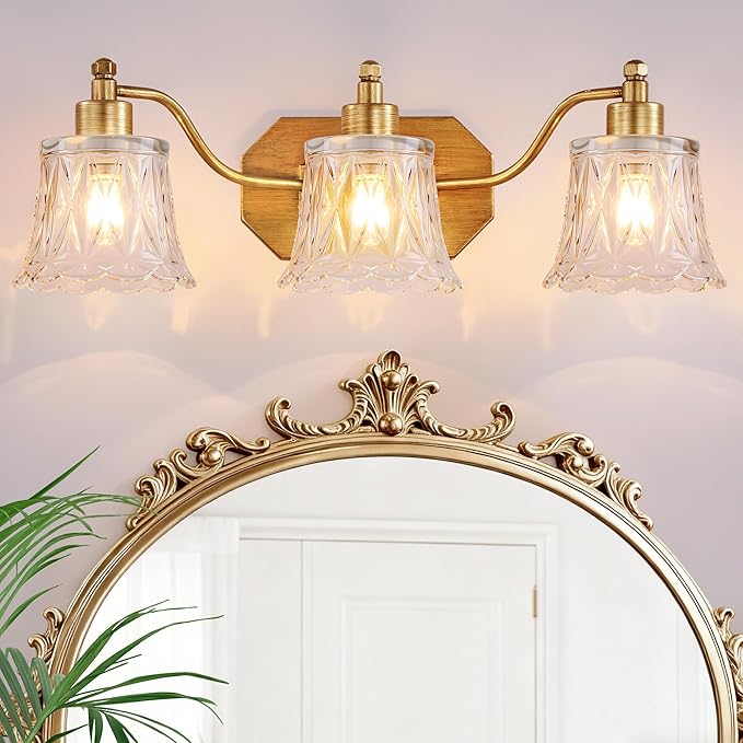 22" Gold Bathroom Light Fixture, 3 Light Brass Vintage Vanity Light, Antique Gold Finish with Crystal Glass Shade, Suit for Bathroom, Bedroom or Hallway