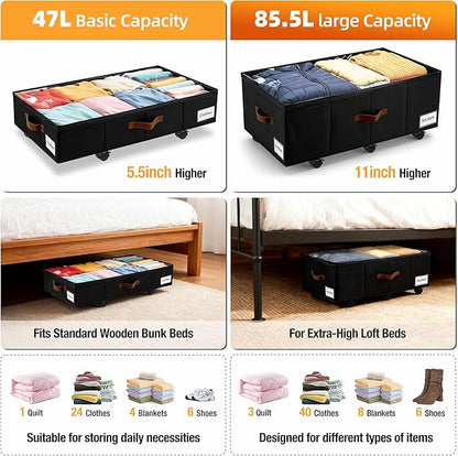11 inch Under Bed Storage with Wheels, 2-Pack Underbed Storage Containers for College Dorms Bedrooms Organization, Foldable Under Bed Drawers for Comforters, Blankets, Clothes & Shoes, Black