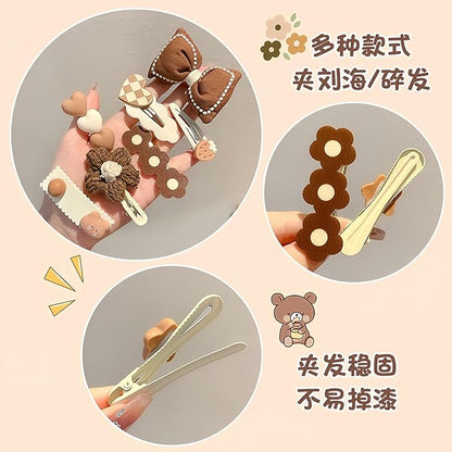 (12 Pcs) Super Cute Lovely Warm Autumn Winter Spring Theme Kid's Hairpin Flower Floral Bear Bowknot Hair Clips Hair Decoration Women Girls Salon Hairstyle Hairdressing Grip -Pink