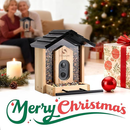 TT Nature Bird Feeder with Camera, Upgraded 1.5L Smart Bird Feeder with AI Identify for 10000+, Auto Capture & Real-time Notifications, Ideal Gift for Christmas (Wooden Roof)
