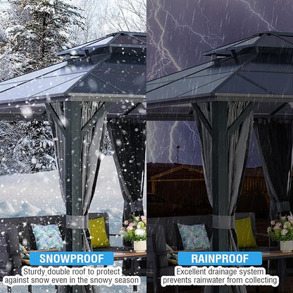 LeDoasis Nebula 12'x20' Hardtop Gazebo with Breathable Netting & Privacy Curtain, Permanent Outdoor Aluminum Patio Gazebo, Polycarbonate Double Roof Canopy, for Patio Lawn and Garden,Parties