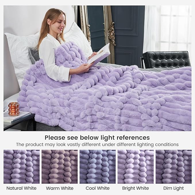 Cozy Bliss Faux Fur Throw Blanket for Couch, Cozy Warm Plush Striped Blanket for Sofa Bedroom Living Room, 60 * 80 Inches Lavender