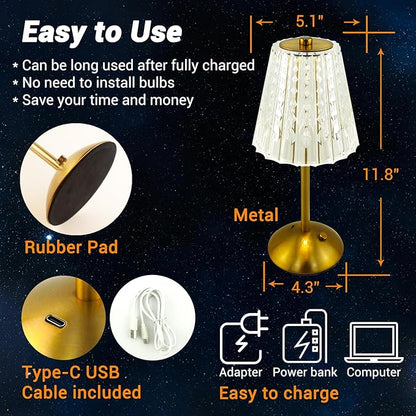 Cordless Table Lamp, Rechargeable Battery Operated Lamp, 3 Color Modes & Stepless Dimmable LED Touch Lamp, Portable Crystal Gold Metal Beside Lamps for Bedroom Living Room Restaurant Outdoor