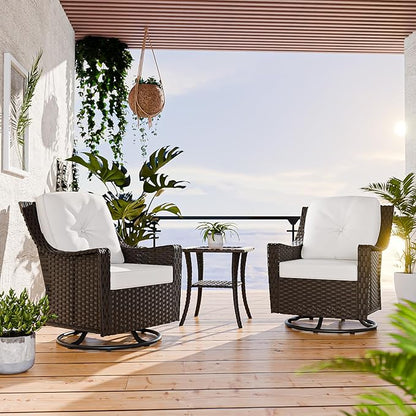 COOS BAY Stone Harbor Patio Bistro Set, 3 Piece Rattan Patio Table and Chairs Set, Wicker Swivel Rockers with Side Table, Small Balcony Furniture Set, Brown/Beige