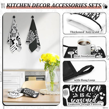 8 Pcs Farmhouse Kitchen Decor Accessories Set 4 Black White Kitchen Dish Towels 2 Oven Mitts 2 Pot Holders Kitchens Towels Pot Holders Oven Mitt Decor for Cooking Baking Housewarming Daughter Mom Gift