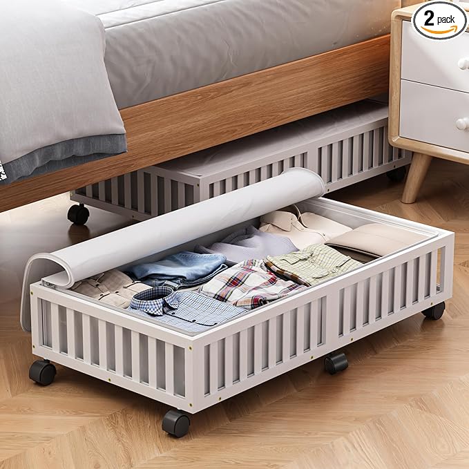 Bamboo Under Bed Storage Containers with Wheels, 2 Pack Large Under the Bed Shoe Storage Bins, Wood Rolling Underbed Drawers Organizer for Bedroom Closet Clothes Blanket Under Crib Toy White