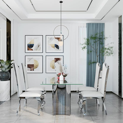 Asday Glass Dining Table, 70 inch Rectangular Dining Room Table, Double Pedestal Dining Table with Clear Tempered Glass Top and Mirrored Silver Trestle Base