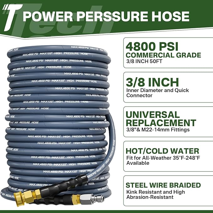 5000PSI Pressure Washer Gun and Hose Kit, 50FT Kink Resistant Steel Braided Power Washer Hose with 3/8" Swivel Quick Connector and M22 14mm Adapters Replacement/30 Extension Washer Wand