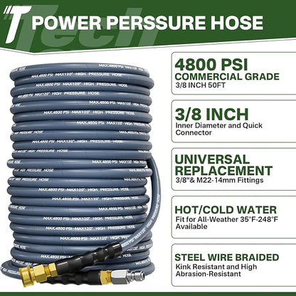 5000PSI Pressure Washer Gun and Hose Kit, 50FT Kink Resistant Steel Braided Power Washer Hose with 3/8" Swivel Quick Connector and M22 14mm Adapters Replacement/30 Extension Washer Wand