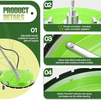 30" Pressure Washer Surface Cleaner with 4 Wheels - Coated Green Dual Handle Stainless Steel Surface Cleaner for Pressure Washer Attachment for Concrete, Patio, Sidewalk, Deck and Driveways - PWS30G