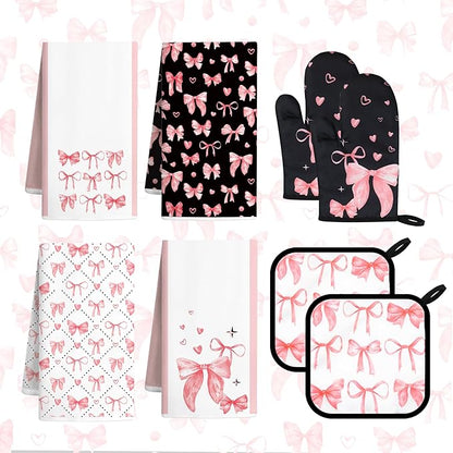 8 Pcs Cute Pink Bow Kitchen Towels and Dishcloths Sets Oven Mitts Pot Holders Set Valentines Day Absorbent Decor Accessories Gloves Potholders Heat Resistant for Chef Baking Cooking Home Gifts