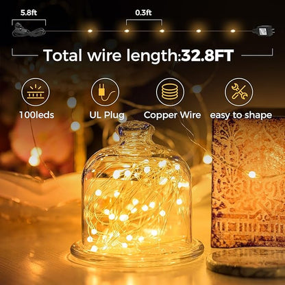 33 Ft. Fairy Lights, 100 LED Waterproof Copper Wire Firefly String Lights, Warm White, Adapter Included, Starry String Lights for Indoor Outdoor Christmas Patio Wedding Decoration(1 Pack)