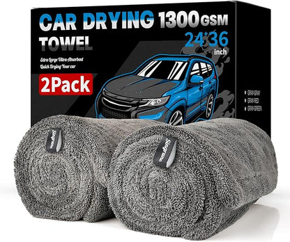 2 Pack XL Car Drying Towel – 1300GSM Ultra Absorbent Microfiber, 24"x36" Large Size, Twisted Loop, Lint-Free & Streak-Free for Auto Detailing, Car, SUV, Truck (Gray-Gray)